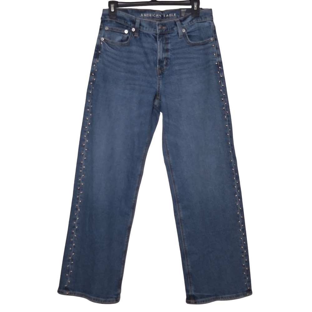NWT American Eagle Stovepipe High Rise Studded Jeans 4 Regular Blue Relaxed Fit